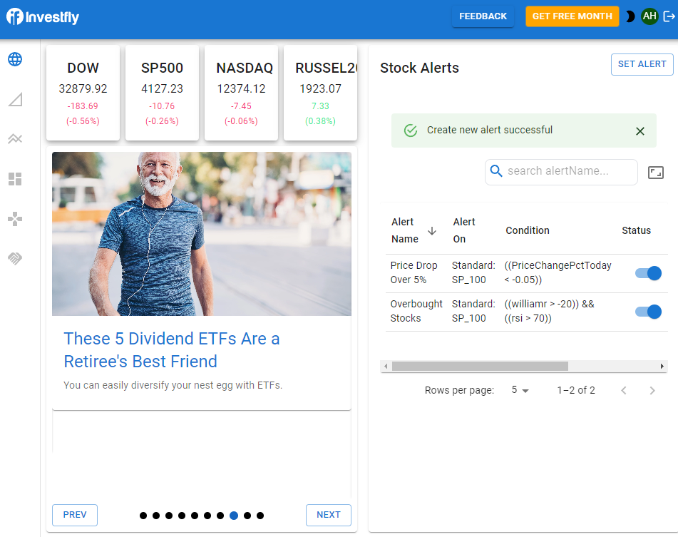 Screenshot of the Investfly dashboard