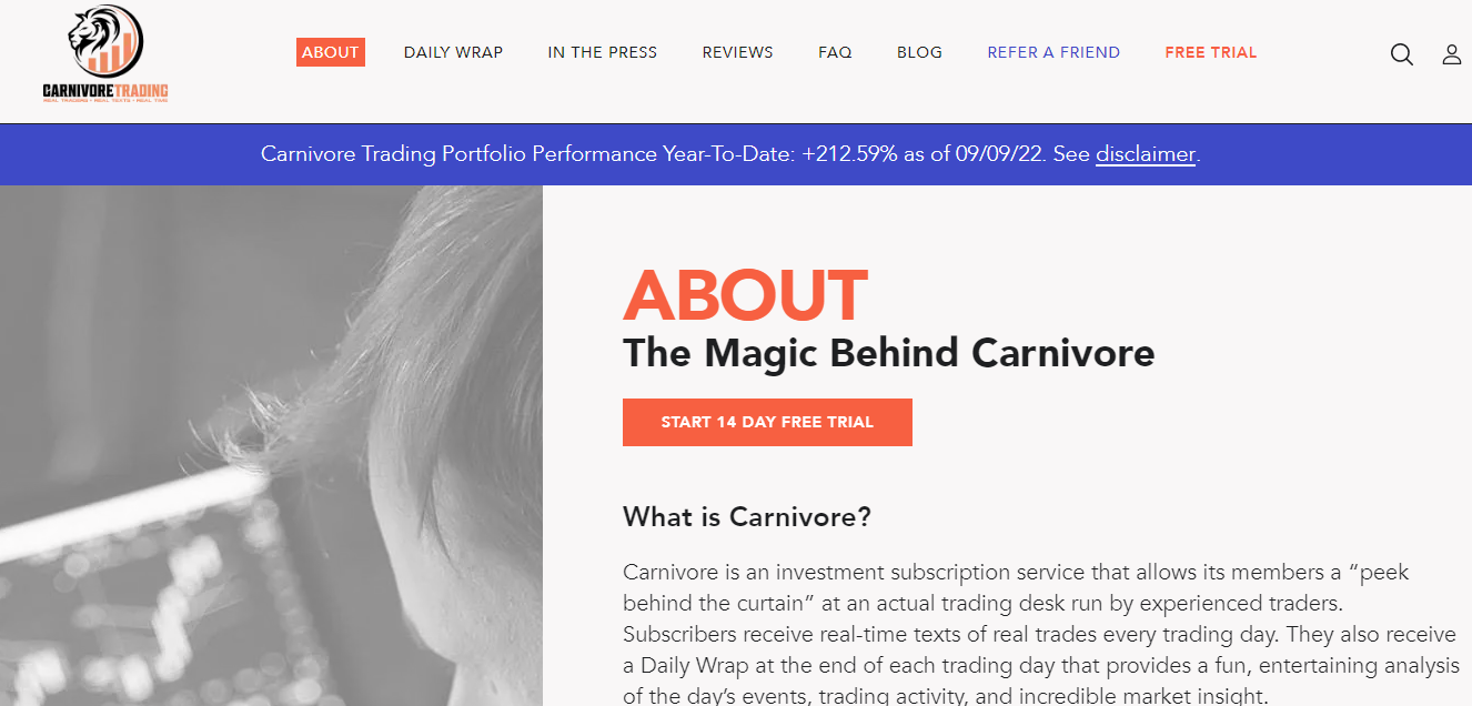 Screenshot from Carnivore Trading's official website